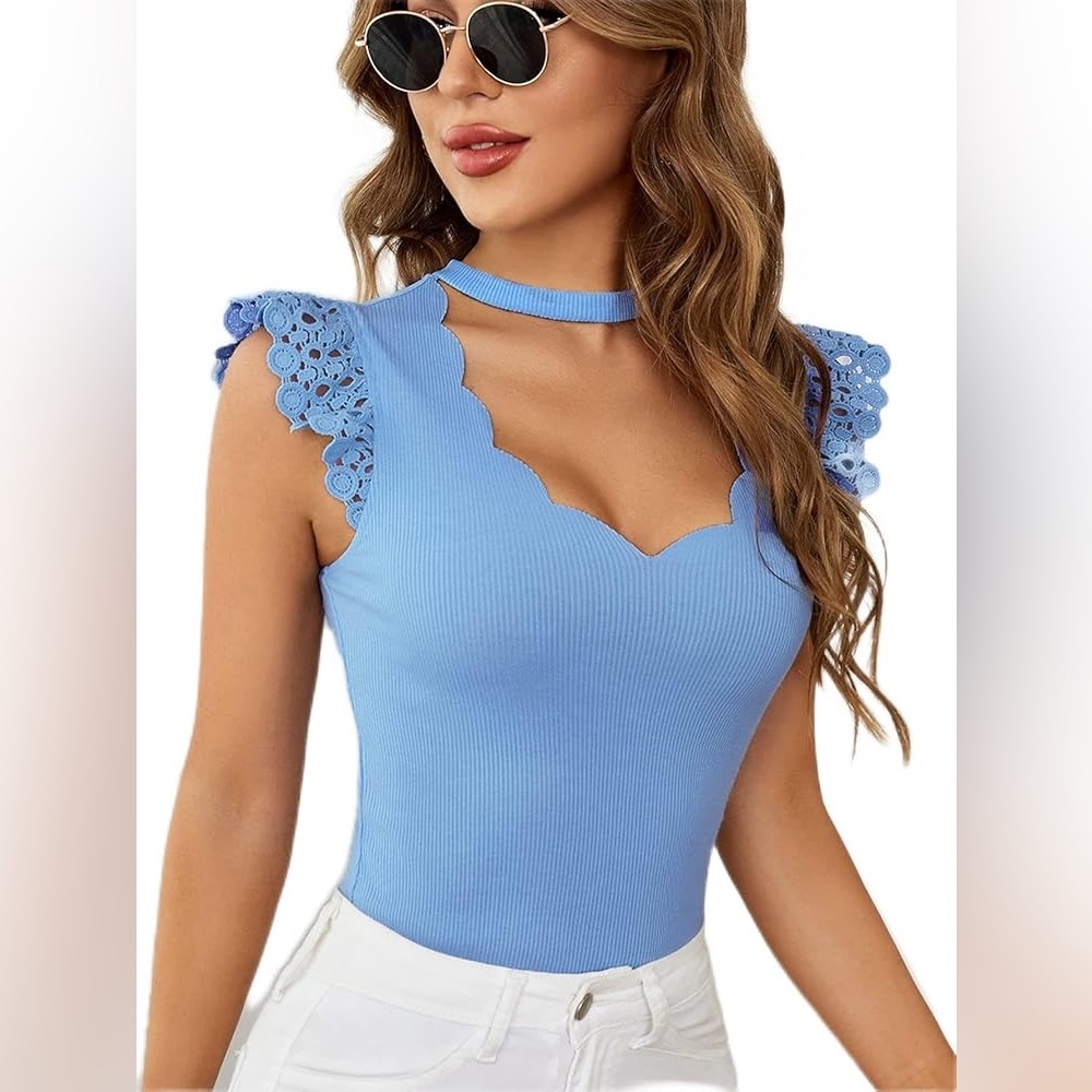 Scallop Lace Blue Top Embellished Cap Sleeve Fitted Breathable Stretchy Summer